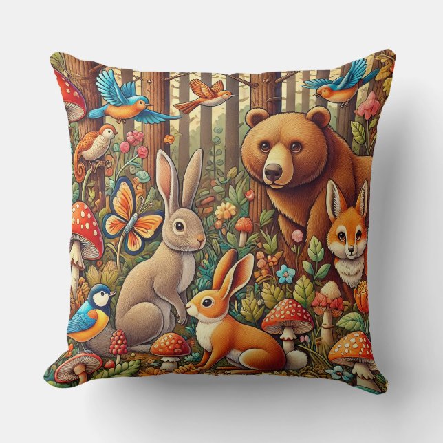 Vibrant Forest Scene Featuring Wildlife Cushion (Front)