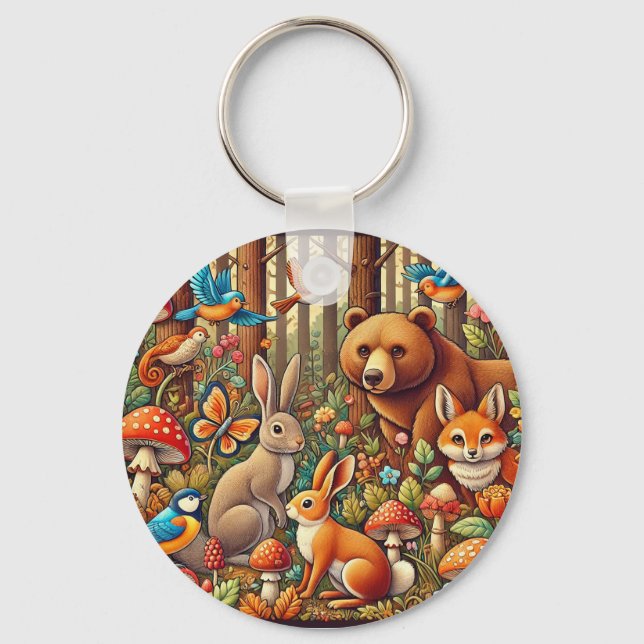 Vibrant Forest Scene Featuring Wildlife Key Ring (Front)