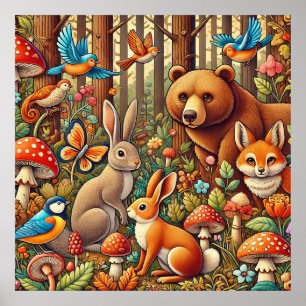 Vibrant Forest Scene Featuring Wildlife Poster