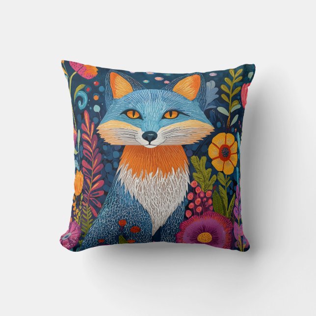Vibrant Fox Dot Art Amidst Lush Flora Cushion (Front)