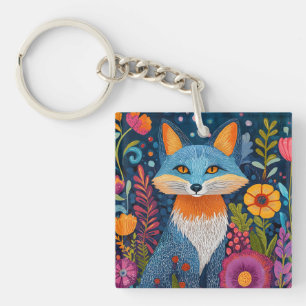 Vibrant Fox Dot Art Amidst Lush Flora Key Ring