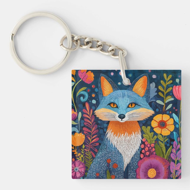 Vibrant Fox Dot Art Amidst Lush Flora Key Ring (Front)