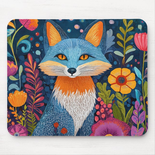 Vibrant Fox Dot Art Amidst Lush Flora Mouse Pad (Front)