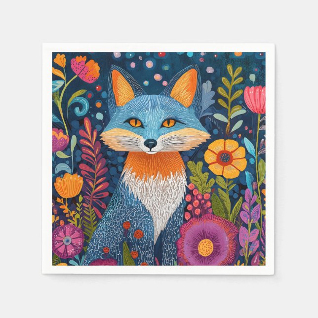 Vibrant Fox Dot Art Amidst Lush Flora Napkin (Front)