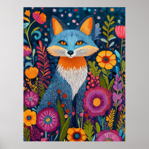 Vibrant Fox Dot Art Amidst Lush Flora Poster