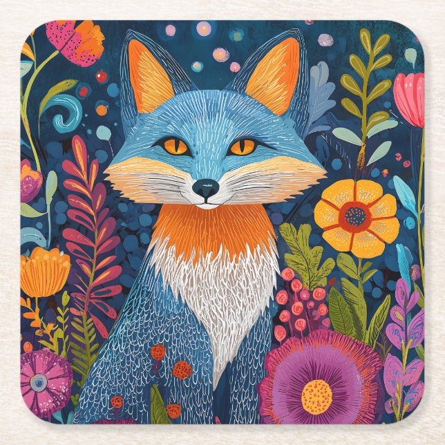 Vibrant Fox Dot Art Amidst Lush Flora Square Paper Coaster (Front)
