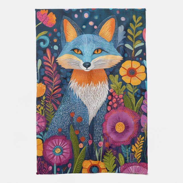 Vibrant Fox Dot Art Amidst Lush Flora Tea Towel (Vertical)