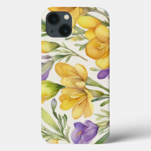 Vibrant Freesia Watercolor Pattern in Bold Yellow iPhone 13 Case