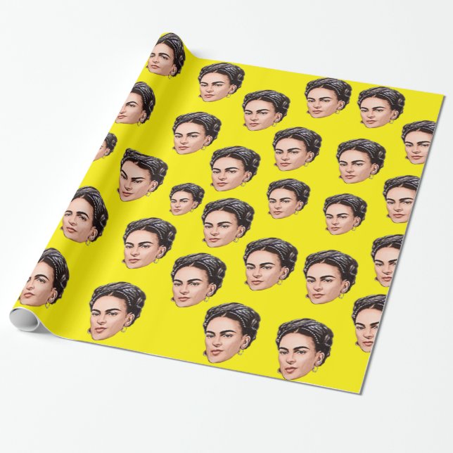 Vibrant Frida Kahlo Toon Illustration Face Pattern Wrapping Paper (Unrolled)