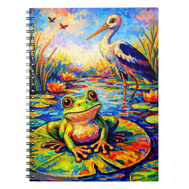 Vibrant Frog and Heron Lily Pond Art Notebook (Front)