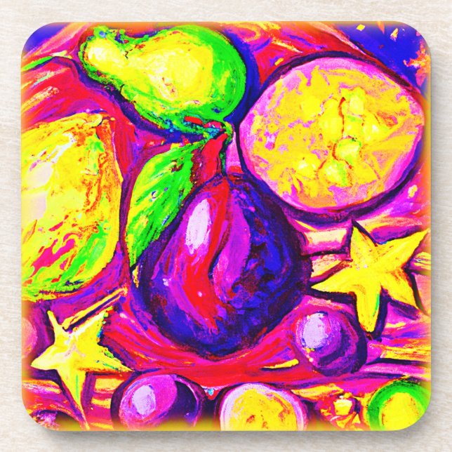 Vibrant Fruits and Stars. Buy Now Coaster (Front)