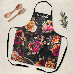 Vibrant Fuchsia Orange Floral Monogram Gift Apron