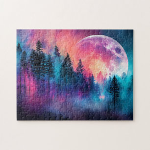 Vibrant Full Moon Rising Over a Dreamlike Forest Jigsaw Puzzle