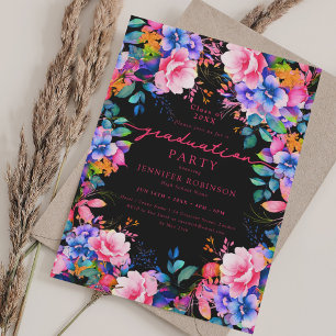 Vibrant Garden Floral Graduation Party Black  Invitation