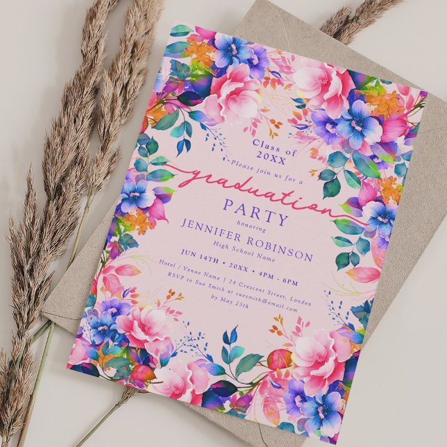 Vibrant Garden Floral Graduation Party Blush Pink Invitation (Vibrant Garden Floral Graduation Party Blush Pink Invitation)