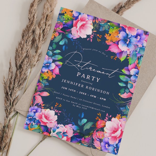 Vibrant Garden Floral Retirement Party Navy Blue  Invitation (Vibrant Garden Floral Retirement Party Navy Blue Invitation)