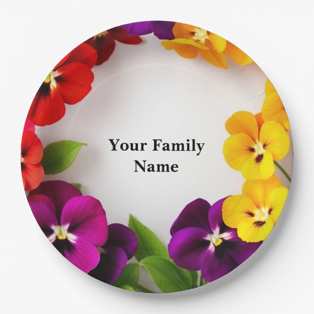 Vibrant Garden Pressed Pansy Border Paper Plate (Front)