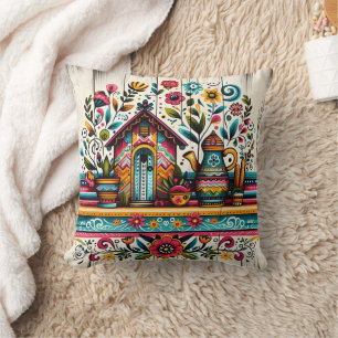 Vibrant garden scene with a colourful birdhouse cushion