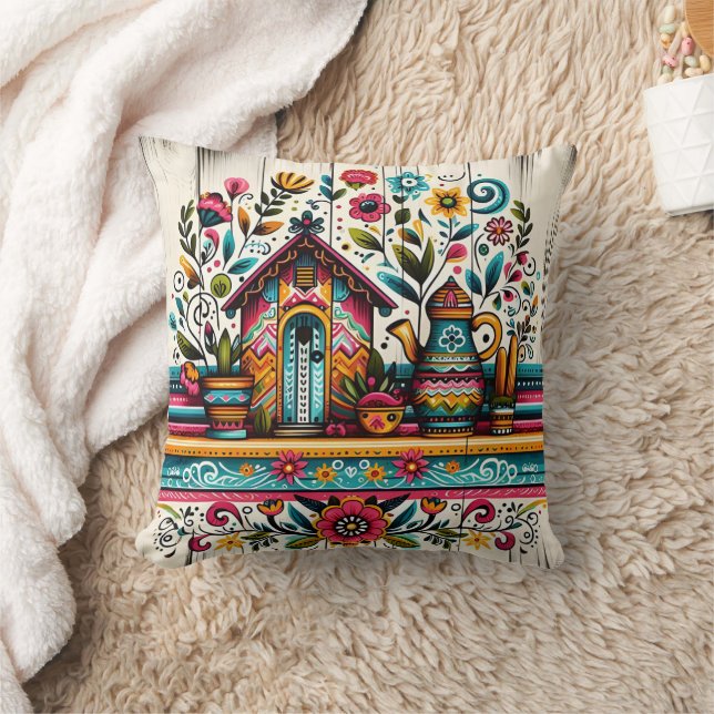 Vibrant garden scene with a colourful birdhouse cushion (Blanket)