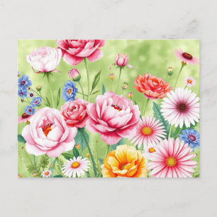 Vibrant Garden Watercolor with Roses Peonies  Postcard