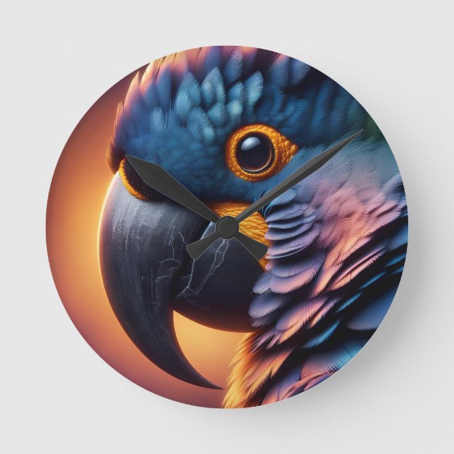 Vibrant Gaze: Macro Portrait of a Colourful Parrot Round Clock (Front)