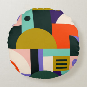 Vibrant Geometric Abstract Art with Bold Colours Round Cushion