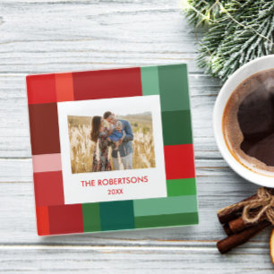 Vibrant Geometric Colour Block Christmas Photo Glass Coaster