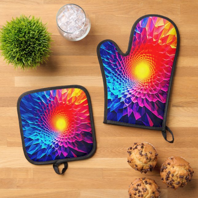 Vibrant Geometric Energy Vortex Art Oven Mitt & Pot Holder Set (Top Down)