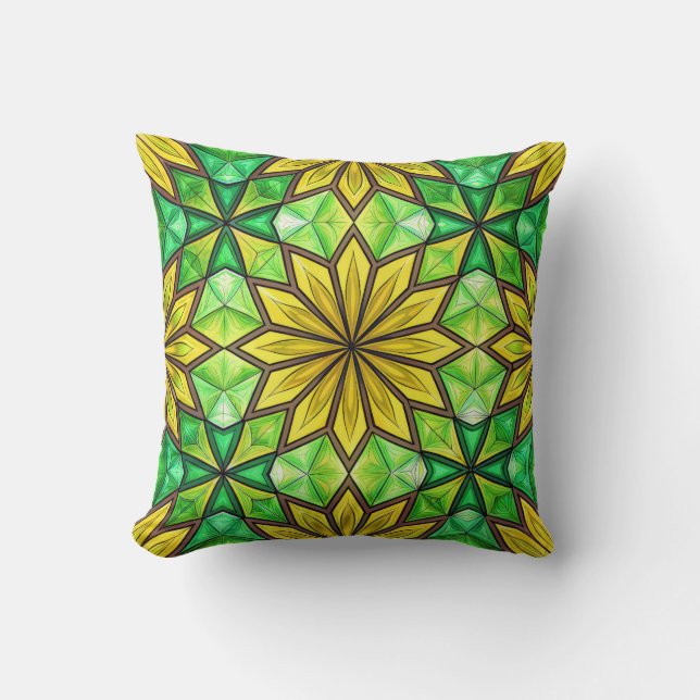 vibrant geometric floral pattern in green & yellow cushion (Front)