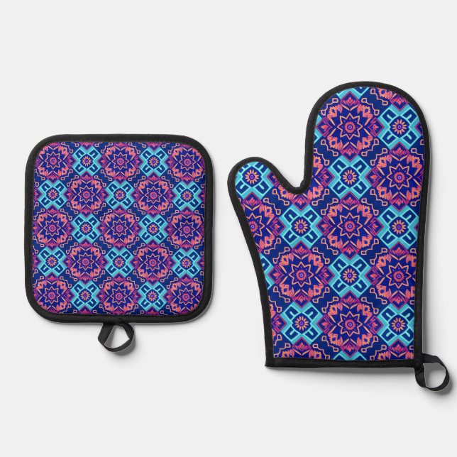 Vibrant Geometric Floral Pattern Oven Mitt & Pot Holder Set (Front)