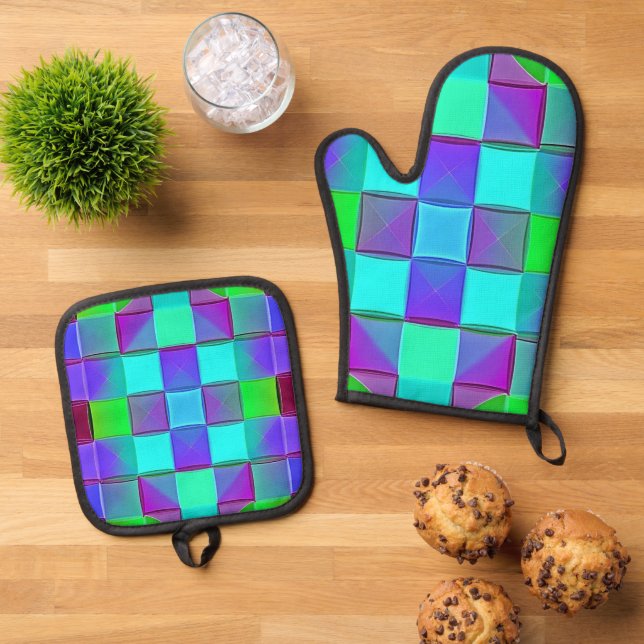 Vibrant Geometric Light Waves Oven Mitt & Pot Holder Set (Top Down)