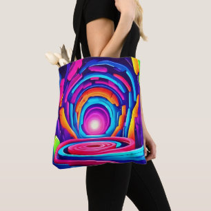 Vibrant Geometric Neon Art Tunnel Design Tote Bag