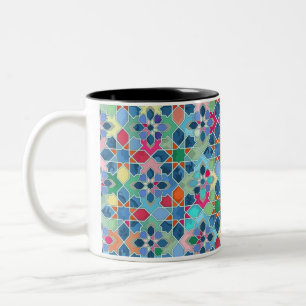Vibrant geometric pattern blue, Pink , yellow hues Two-Tone Coffee Mug