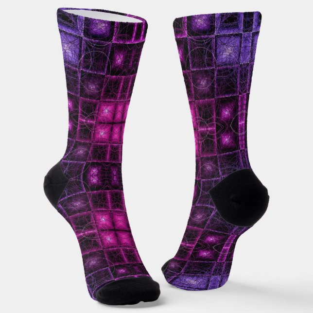 Vibrant Geometric Pattern Neon Purple Pink Cubes Socks (Angled)