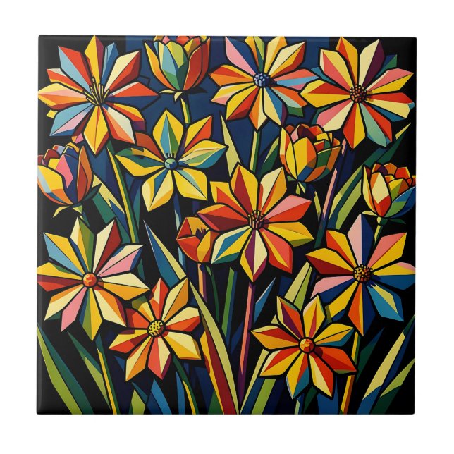 Vibrant Geometric Rainbow Flower Bouquet Ceramic Tile (Front)