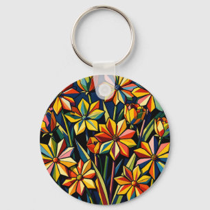 Vibrant Geometric Rainbow Flower Bouquet Key Ring