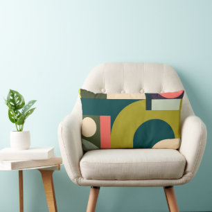 Vibrant Geometric Shapes in Yellow, Black Art Lumbar Cushion