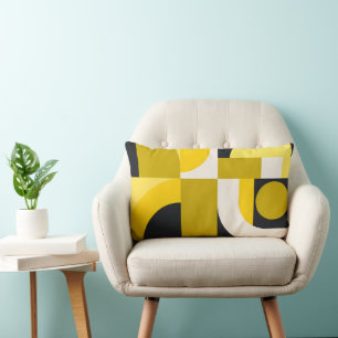 Vibrant Geometric Shapes in Yellow, Black Art Lumbar Cushion