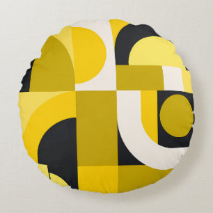 Vibrant Geometric Shapes in Yellow, Black Art Round Cushion