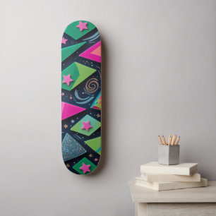 Vibrant Geometric Shapes with Glitter and Stars Skateboard
