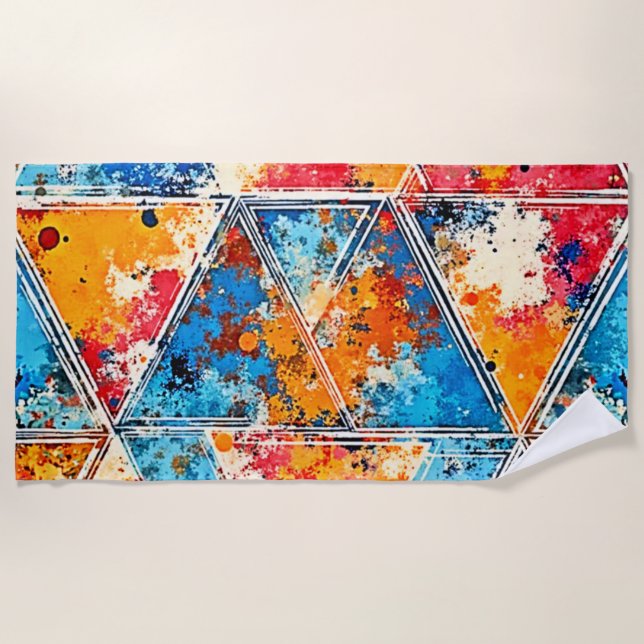 Vibrant Geometric Splash Art Beach Towel (Front)