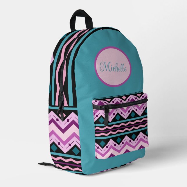 Vibrant Geometric Zig Zags in Blue, Pink, Purple Printed Backpack (Back Corner Left)