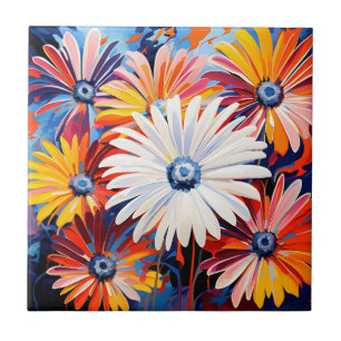 Vibrant Gerbera Daisies In Bold Abstract Ceramic Tile