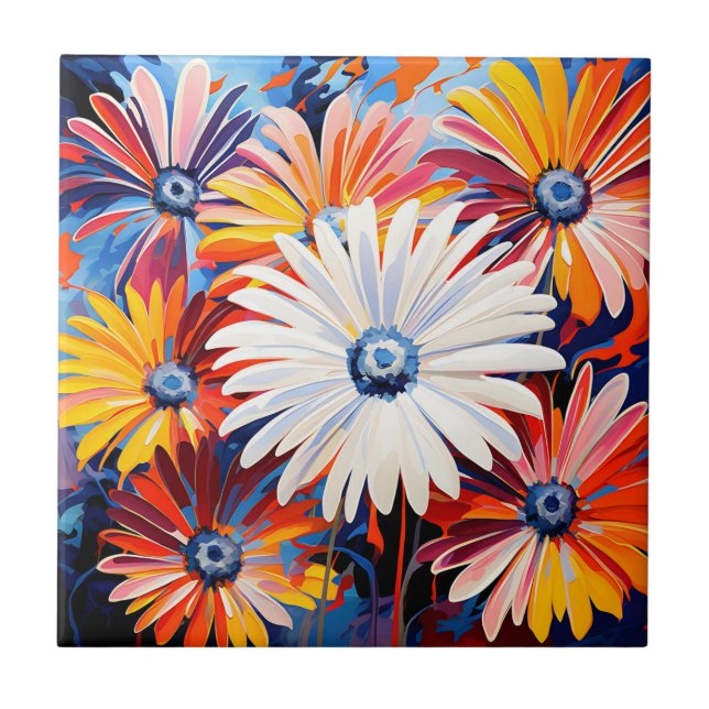 Vibrant Gerbera Daisies In Bold Abstract Ceramic Tile (Front)