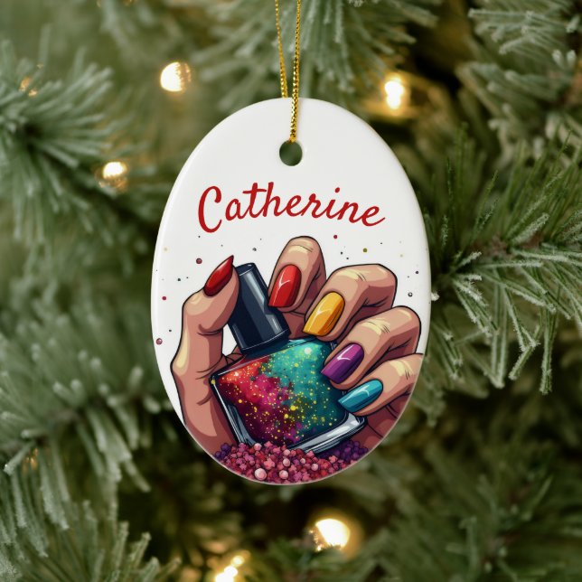 Vibrant Gift for Manicurists Custom Name Christmas Ceramic Ornament (Tree)
