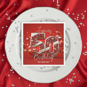 Vibrant Glittery Ruby Red and Silver 50th Birthday Napkin