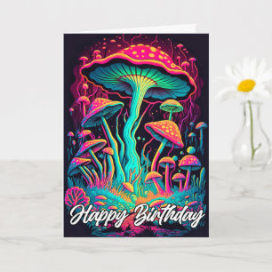 Vibrant Glowing Forest Mushroom Illustration Card