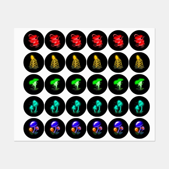 Vibrant Glowing Mushroom Labels (Sheet)