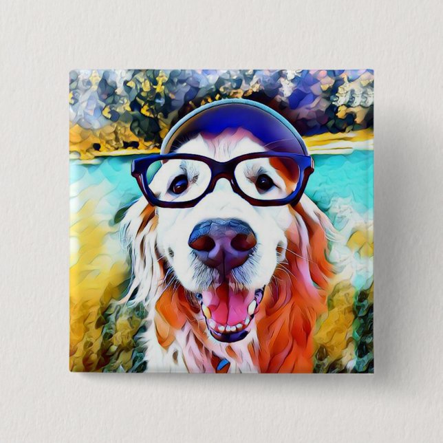 Vibrant Golden Retriever Nerd Glasses Painting 15 Cm Square Badge (Front)
