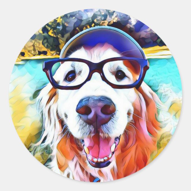 Vibrant Golden Retriever Nerd Glasses Painting Classic Round Sticker (Front)